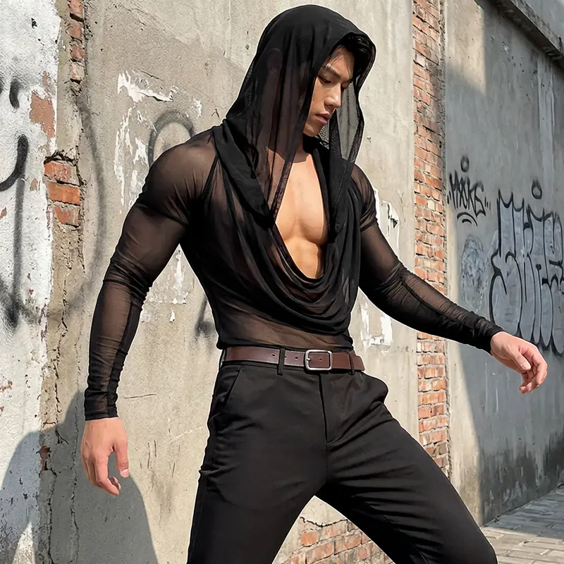INCERUN Mens Cowl Neck Draped Hooded Mesh Sheer Long Sleeve Summer Casual Party Shirt T-shirts Tops