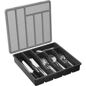 Silverware Organizer with Lid, Covered Utensil Tray for Kitchen Drawer and Countertop, Plastic Cutlery Flatware Storage Box Holder for Spoons Forks Knives, Black 12.6x11.8"