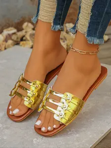 Stylish Plus-Size Women's Flat Sandals, Beach Shoes with Unique Design, PU Leather Upper, Rubber Sole, Less Than Ankle Height, Flat Heel