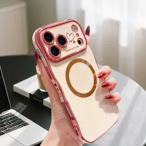 for iPhone 17 Pro Max 16 15 14 Case Magnetic,for Women Girls Soft Cute Wave Frame Curly Shape Love Heart Luxury Plating Phone Case Compatible with MagSafe Shockproof Back Cover