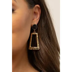 Gold Rectangular Hoops with Druzy Stud, Black