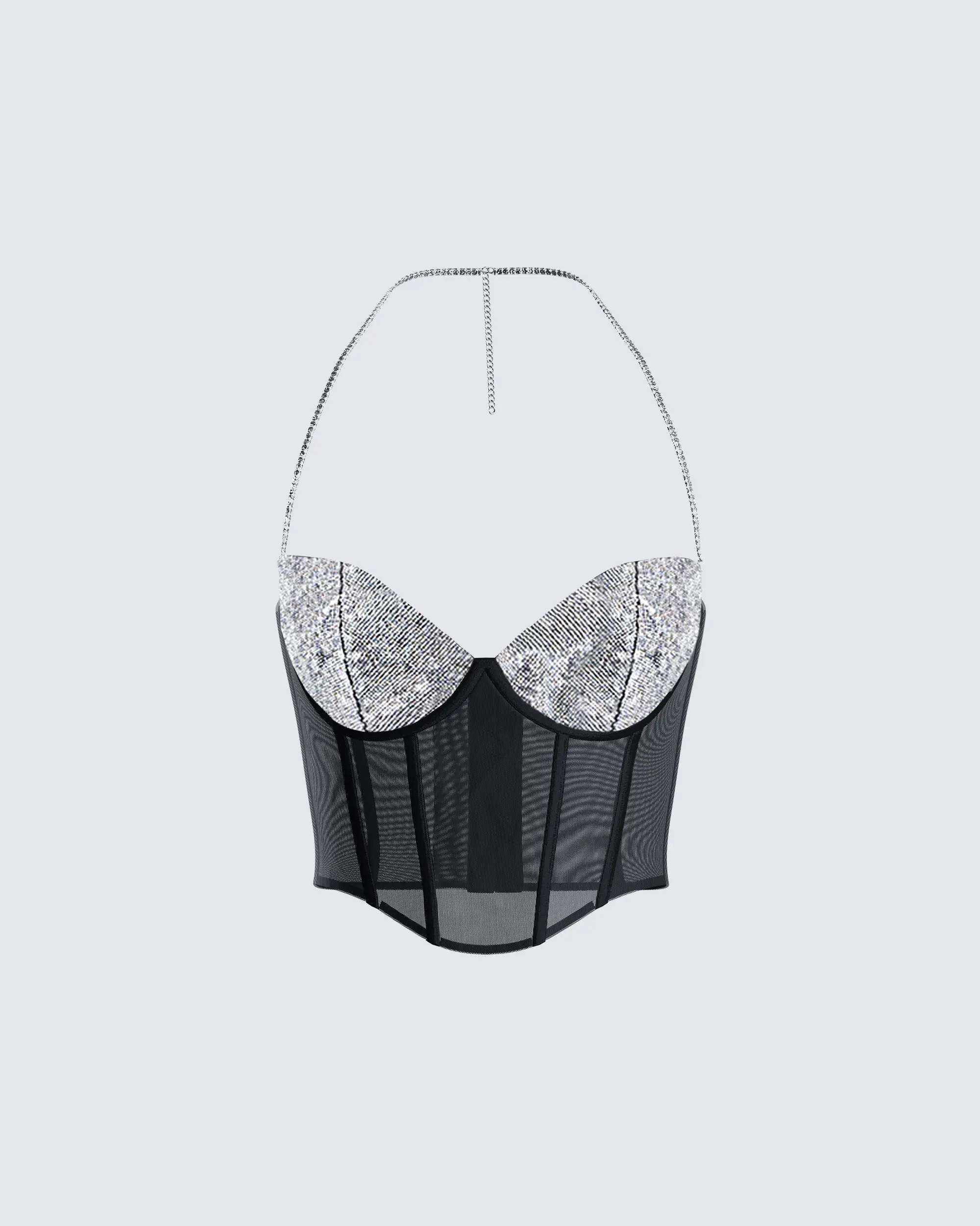 Women's Fitted Black Mesh Rhinestone Sheer Halter Bustier Corset Top - Spandex Tank Camisole for Womenswear & Underwear, Polyester, Straps, Halter Neck, Night Wear