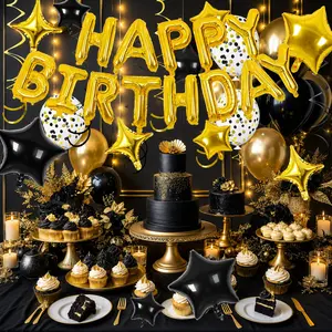 56 PCS Black Gold Happy Birthday Balloons Kit, Birthday Banner with Foil Letter Balloons, Star Balloons & Confetti Balloons for Men Women Boys Girls Party Decorations