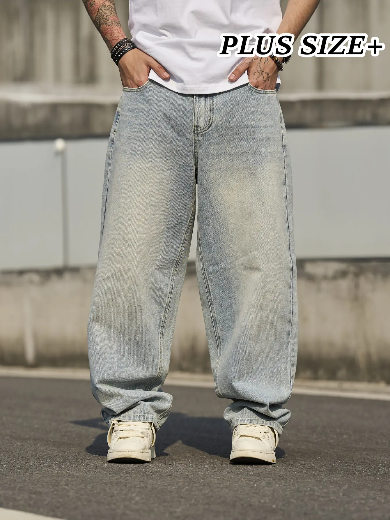 SRETOUU Men's Stylish Baggy Jeans Men Streetwear Hip Hop Loose Denim Pants Menswear Simple Solid Straight Trousers Blue Cotton