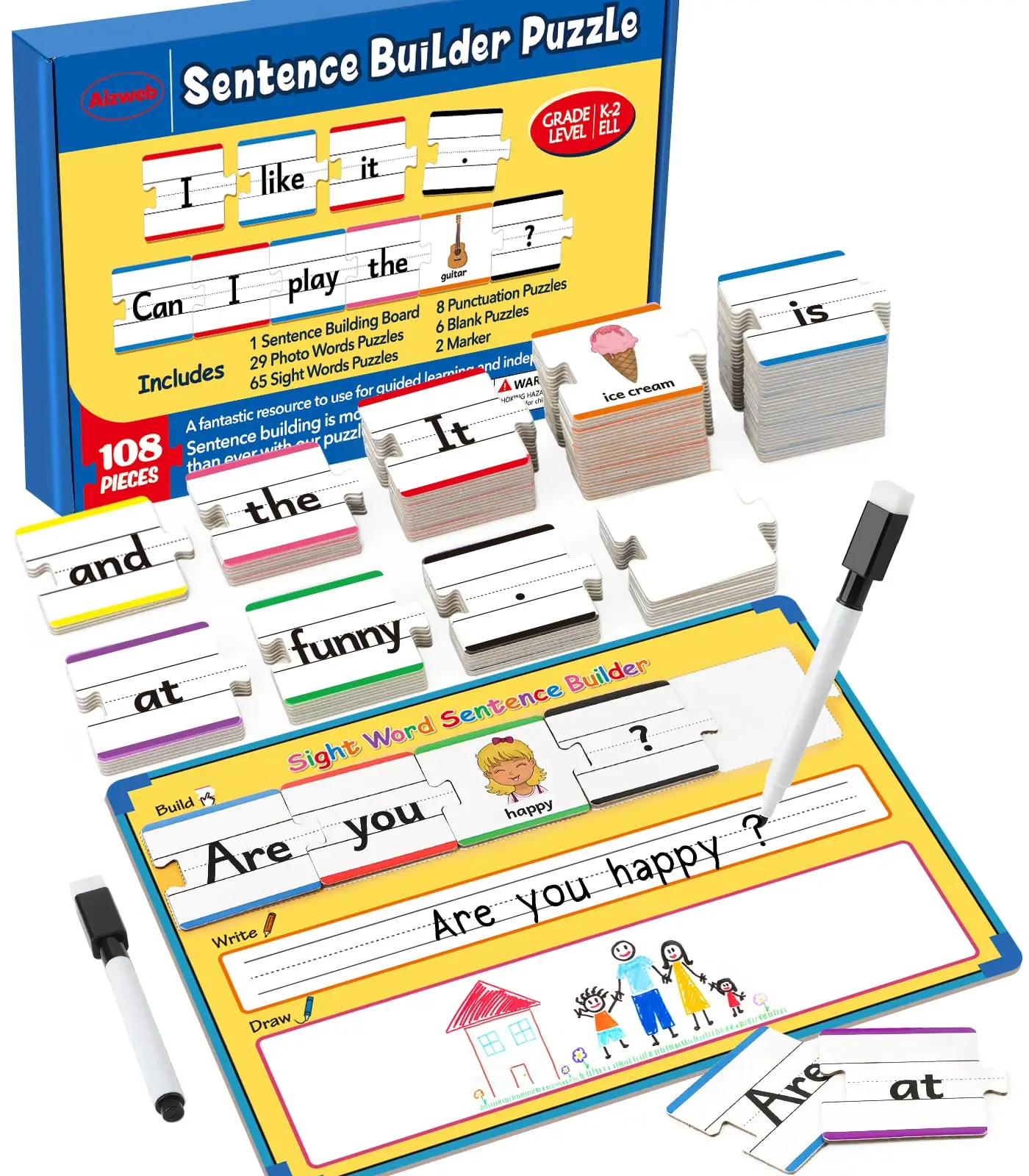 Aizweb Sentence Building, Sight Word Games for 1st 2nd Grade Classroom Must Haves - Montessori Phonics Reading Learning Activities Flashcards