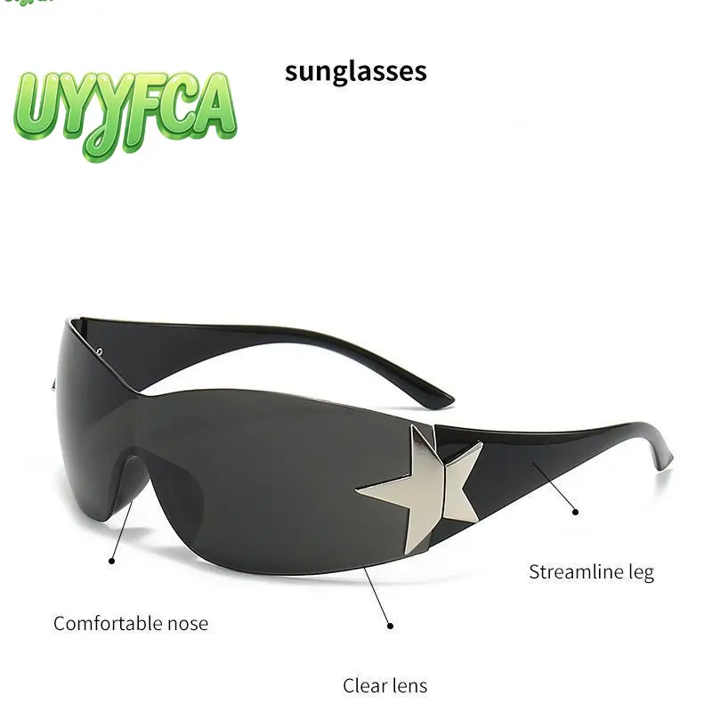Unisex Y2K Wrap-Around Sunglasses, Rimless Star Accent Mirrored Lens, UV Protection Polycarbonate Eyewear for Streetwear, Festivals and Outdoor Activities,summerwins summerwins