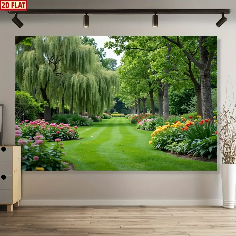 2D Flat, large garden flower design wall mural - vibrant background with green trees, perfect for Home party decoration, photo shoots, weddings and birthdays, multifunctional indoor/outdoor use, garden decoration