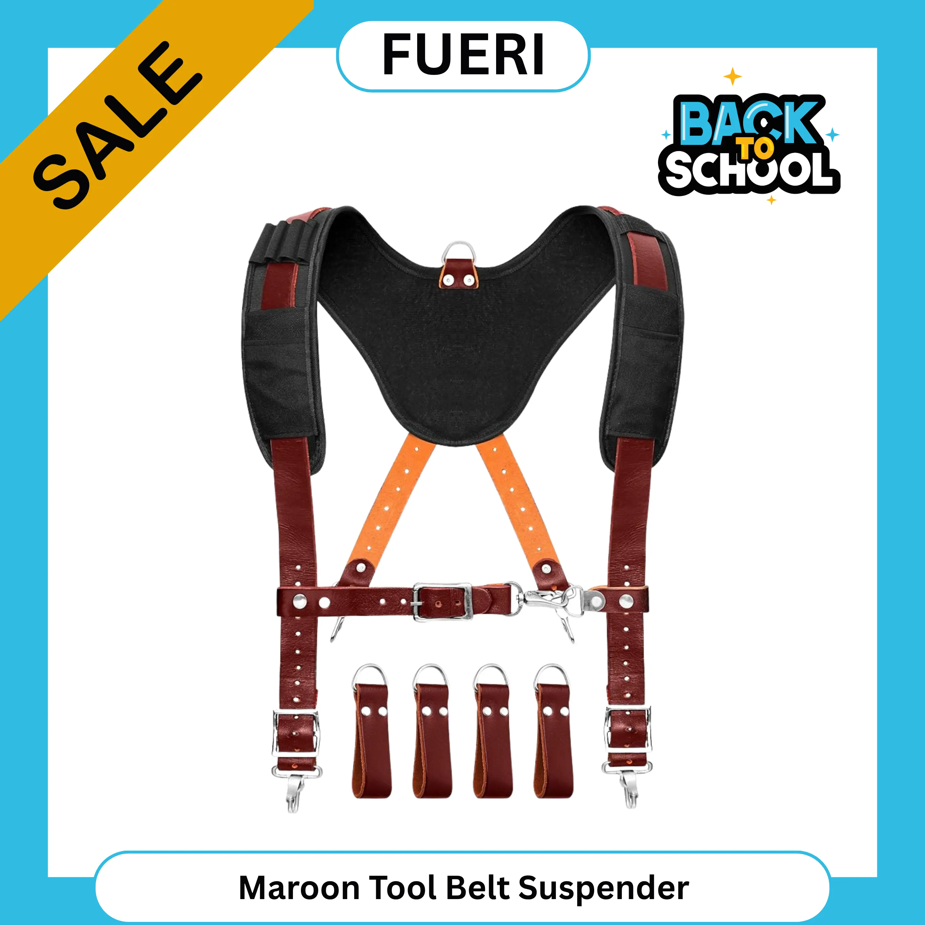 FUERI Adjustable Leather Tool Belt Suspenders - Detachable Foam-Padded on Shoulders, Reinforced for Carpenters & Electricians.