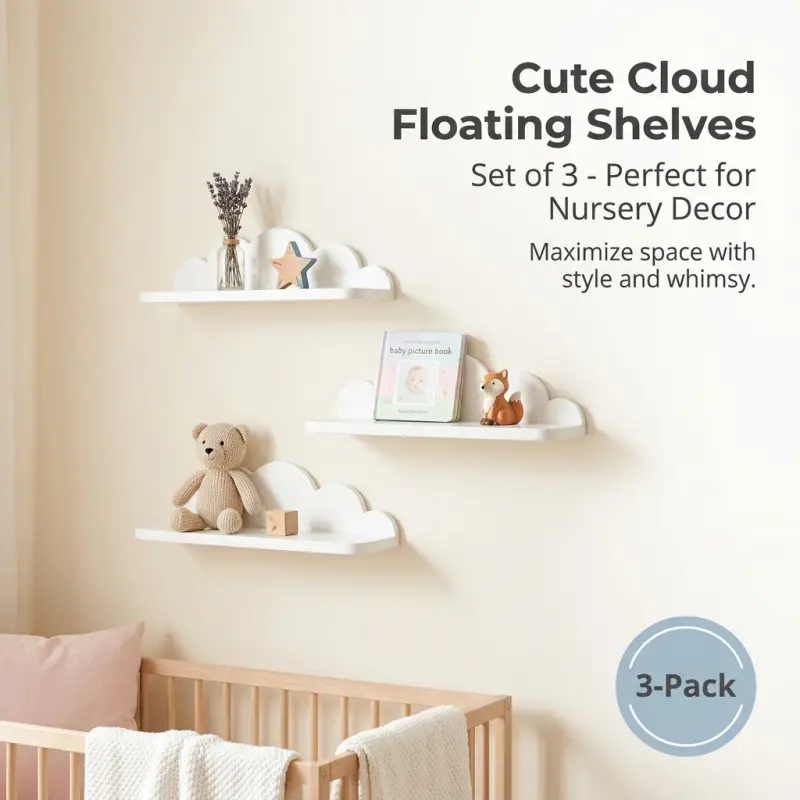 Three-Piece Cute Cloud Floating Shelf, Wall-Mounted Design, Space Saving Design, Fun Cloud Shape, Ideal for Room, Bedroom, Playroom Decor and Display