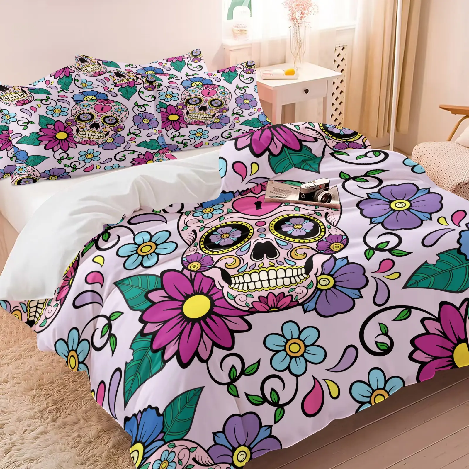 Colorful Day of the Dead Sugar Skull Floral Print Duvet Cover Set, Includes 1 Duvet Cover and 1 to 2 Pillowcases, All Season Use Soft Microfiber Breathable Skin-Friendly Bedding Set, for Bedroom Guest Room Dorm