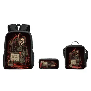 3Pcs Ghost Face Backpack Set - Horror Aesthetic Lightweight Large-Capacity School Bag with Laptop Compartment, Pencil Case & Lunch Bag, TikTok Trendy Student Bookbag, Halloween Backpack, Teens Back-to-School Gift