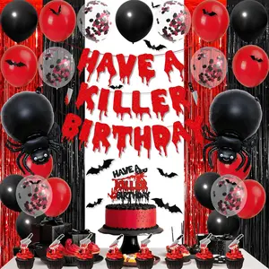 Vlipoeasn Have a Killer Birthday Decorations, Black Red Halloween Birthday Glitter Banner, Balloons, Blood Knife Cake Toppers for Halloween Decorations Supplies, Horror Backdrop Party Decor