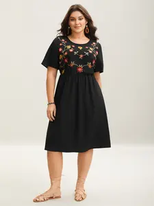 【Pocket Approved】 BLOOMCHIC Floral Embroidered Waist-Cinched Midi Dress Casual Fabric Sleeve Womenswear Pocket Black Bohemian Polyester Smooth Spandex 2026 Summer Vibes Swimweek,summerwins,Spotlight,Summer wins,Deals for you days