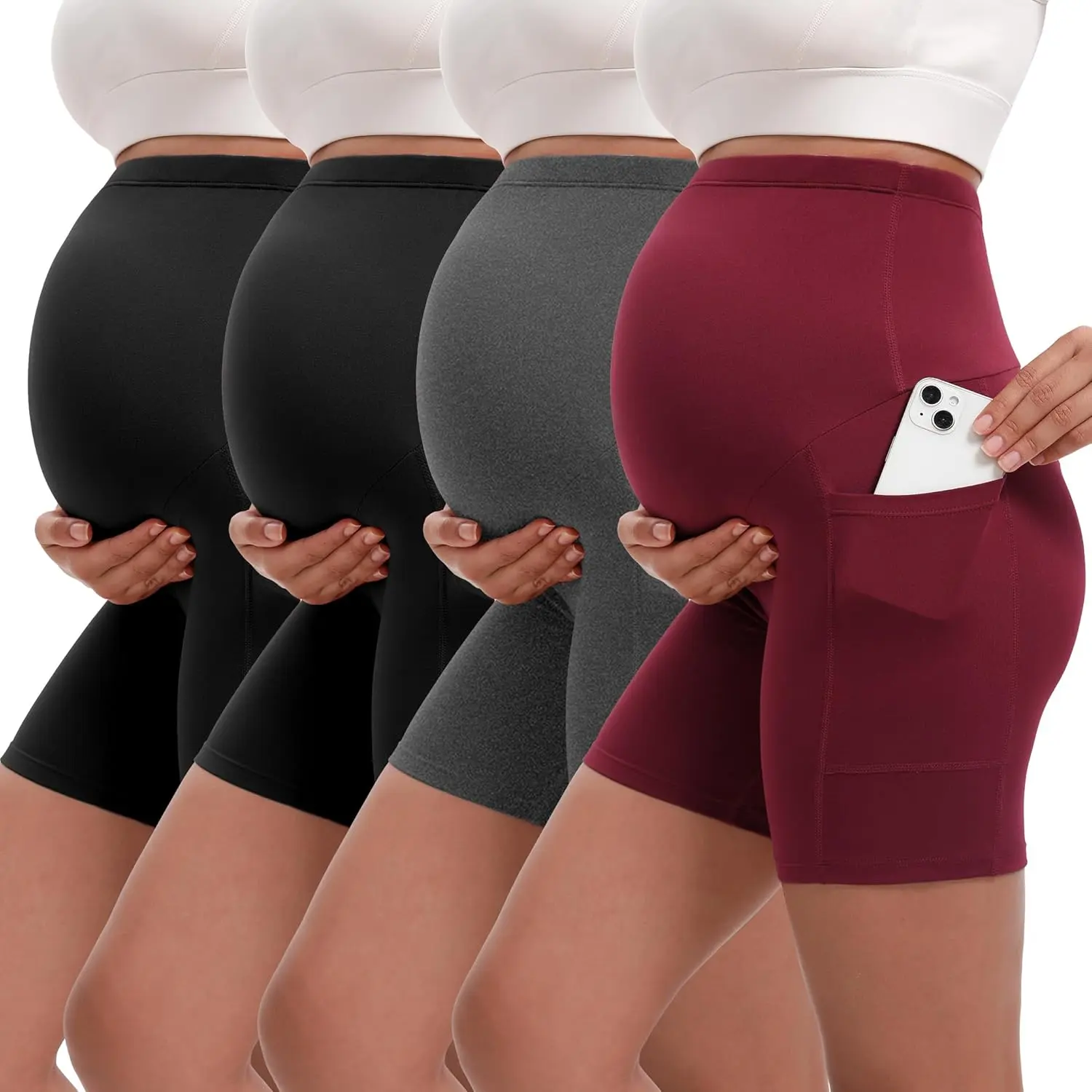 4 Pack Women's Maternity Shorts with Pockets Over The Belly Yoga Biker Pregnancy Workout Running  Shorts