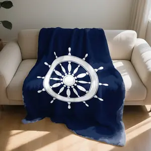 1Pc Plush Flannel Blanket With Nautical Ship Wheel Vintage Art Design, Versatile And Lightweight For Cozy Daily Living, Sofa Comfort, Bedroom Draping, Office Use And Travel Adventures, Machine Washable