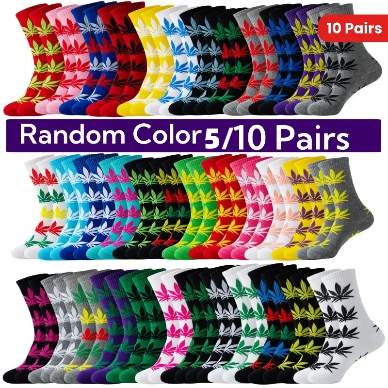 Unisex 5/10 Pairs Crew Socks for Women, Spandex Blend Knit Fabric, Breathable Comfortable Street Socks, Plant Pattern, Calf Height-Knee-Length, 97.8% Polyester 2.2% Spandex, Machine Washable, All Seasons, Cartoonish Mid-Calf Socks