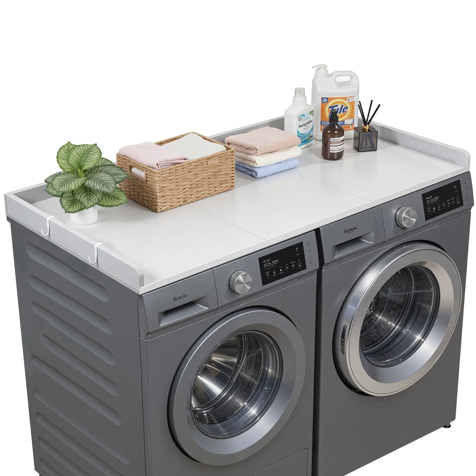 【DealsForYouDays】VEVOR Wooden Washer Dryer Countertop, 54x27.5in Laundry Storage Organizer with Raised Edges & 2 Hooks, Water-Resistant Topper for Laundry Closet, Gray