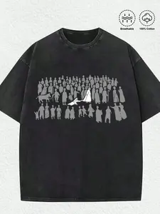 1 PCS Religious Scene Graphic Tee, Distressed Vintage 100% Cotton, Monochrome Crowd & Central Figure Art Print, Unisex Round Neck Short Sleeve, Spiritual Wear for Easter, Church, Daily & Back to School Gifts