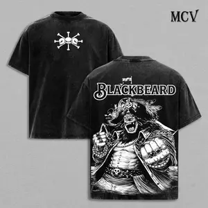 Blackbeard One Piece Heavy Cotton Vintage Acid Washed Oversized Graphic Tee Y2K Streetwear Unisex Casual Tops For Men Women Dark Pirate Anime Merch Yami Power Japanese Manga Retro Pop Culture Apparel Best Gift For Anime Fans Everyday Wear