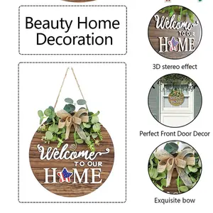 Seasonal Welcome Sign Front Door Decor, Interchangeable Floral Wreath Wall Hanging, Rustic Wooden Ring for Outdoor Porch, All Seasons