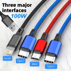 100w Four-In-One Braided Fast Charging Cable, Multifunctional Charging Cable, USB Quick Phone Charger, Super Fast Charger, Compatible with iPhone Oneplus Xiaomi Dual Type-C iOS Micro Interfaces