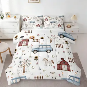 2/3Pcs Farmhouse Kids Farm Animal Comforter Set, Barn Truck Sunflower Print Quilt Bedding Set with Pillowcases, Soft Microfiber Cute White Farm Bedding for Toddlers Boys Girls Bedroom Decor
