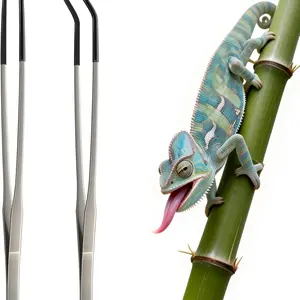 2-Piece Stainless Steel Reptile Feeding Tweezers, Rubber Head Pet Food Tongs, Aquarium Plant Straight Bent Clips, 10.6 Inch Lizard Tools
