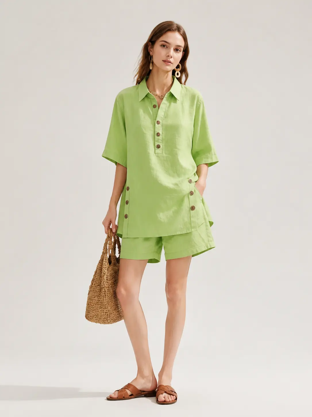2026 Spring Summer Hot Selling Women Solid 2 Piece Matching Outfit Lapel 3/4 Sleeve Side Button Split Hem Loose Tunic Shirt Relaxed Elastic Waist Wide Leg Short Pants Soft Polyester Casual Daily Travel Beach Resort Vacation Loungewear Suit S-5XL