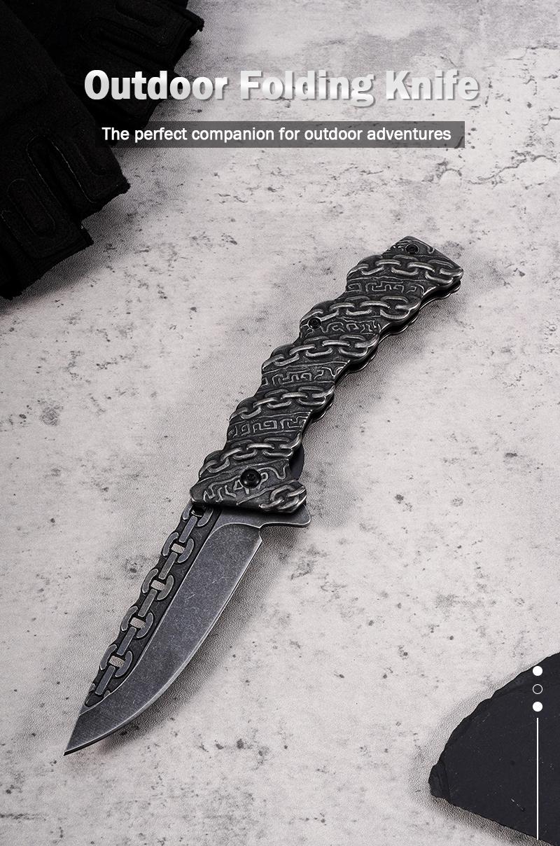 EDC multifunctional lock chain tactical outdoor folding knife, made entirely of steel; convenient pocket/belt clip for easy carry; outdoor cutting tool designed specifically for climbing and fishing; a camping and hiking essential.