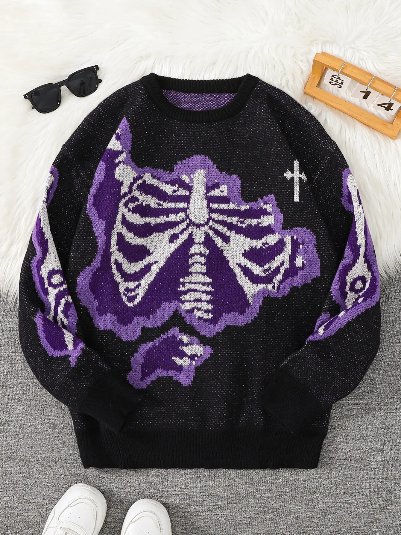 Men's Regular Fit Skeleton Print Skull Round Neck Sweater, Casual Comfy Long Sleeve Crew Neck Jumper for Daily#MenFashion #KnitSweater #Streetwear Wear, Fashion Men's Knitwear for Fall & Winter, Tops Suits