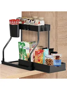 Black double-layer countertop storage rack, kitchen sink sponge holder, includes a draining tray and utensil storage cup, suitable for storing cleaning supplies. hat organizer funny stickers