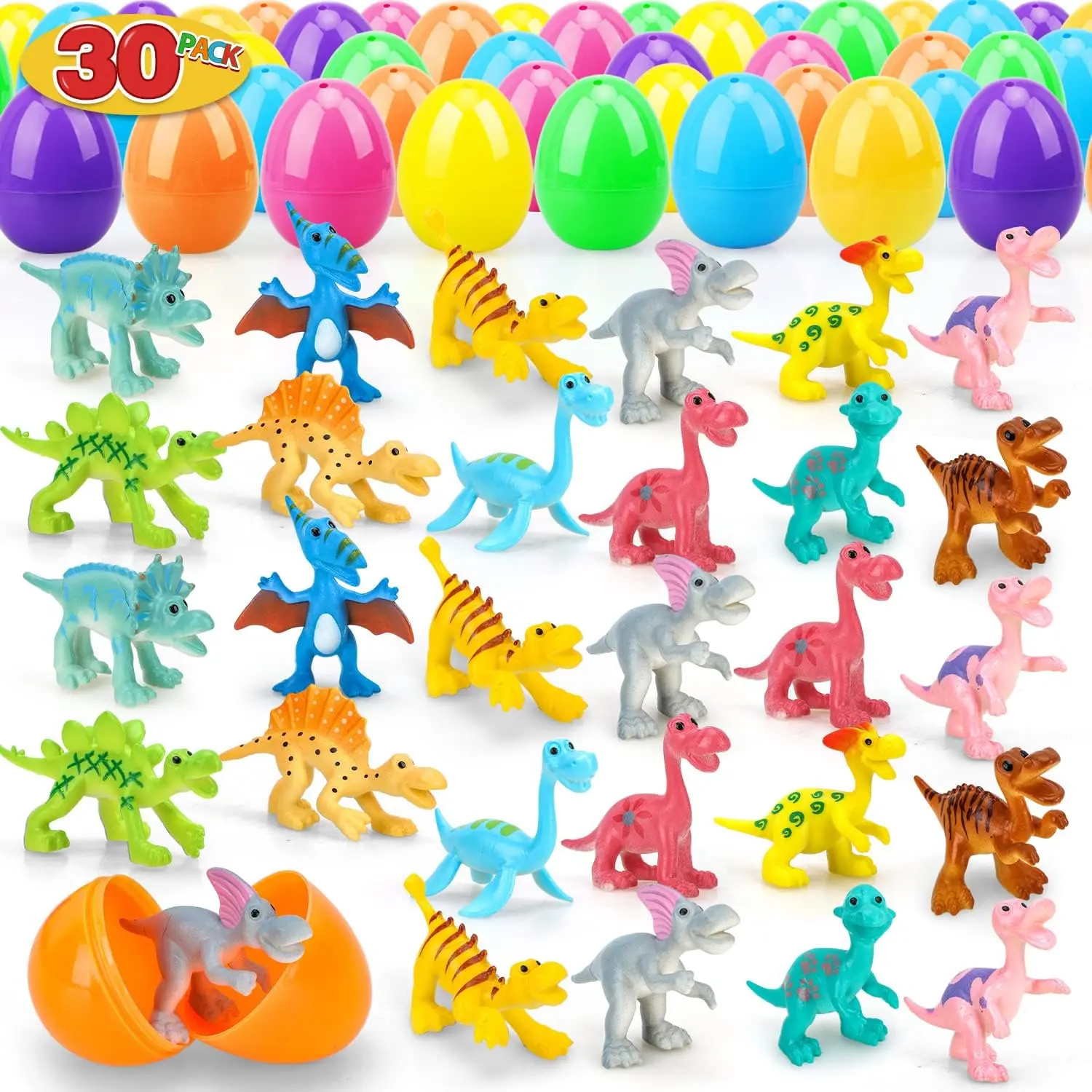 TOY LIFE 30 Pack Prefilled Easter Eggs with Dinosaur Toys Inside - Plastic Surprise Easter Egg Basket Stuffers Bulk, Party Favors & Classroom Prizes for Kids Toddlers