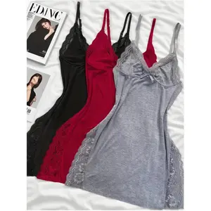 3pcs Women'S Sexy Lace Nightgown Set - V-Neck, Stretch Fabric, Solid Color Pajamas with Contrast Lace Detailing, Elegant Home Wear for All Seasons, Adult Sleepwear|Vneck Design|Stretchy Fabric