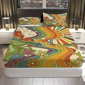 3Pcs Psychedelic Nature Retro Fitted Sheet Three Piece Set (1*Fitted Sheet+2*Pillowcases, Coreless), Bohemian theme, Floral Mushroom Pattern Bedding Set, Mattress Protector Soft, Breathable