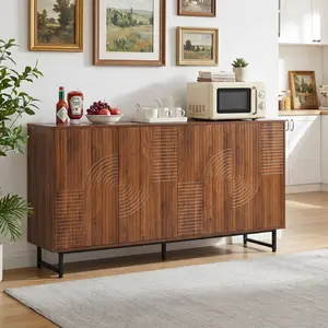Modern Sideboard 59" Geometric Storage Cabinet, Walnut Buffet Cabinet with Adjustable Shelves & Metal Legs, Push-to-Open Living Room Credenza