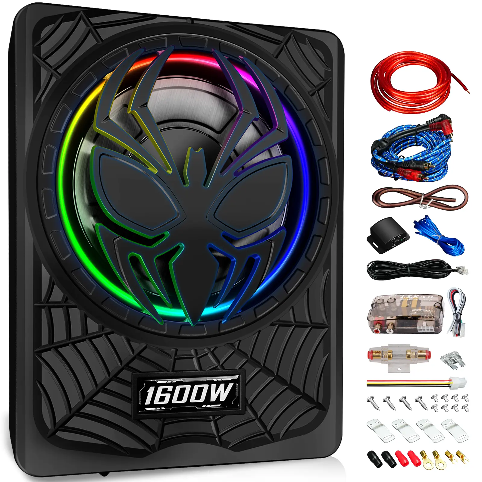 SCBPAUD 10-Inch Car Subwoofer 1600W Slim Powered, RGB LED Underseat Bass Box for Trucks & SUVs