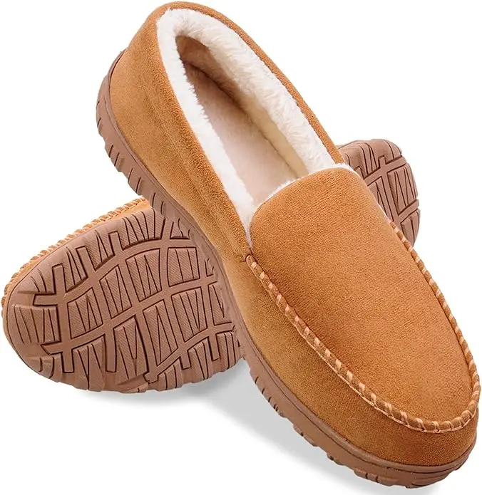 SHOESLOCKER Men's Anti-Slip Memory Foam Moccasin Slippers - Beige, Thick Cushioned, Warm Plush Knit, Breathable Slip-On Flats, Footwear for Indoor-Outdoor Walking Shoes