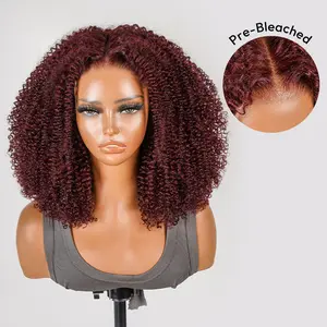 [West Kiss] Glueless Ready To Go Burgundy Human Hair Wig Afro Curl Kinky Curly 7x5 Lace Front Wigs Pre Cut Lace Pre Plucked