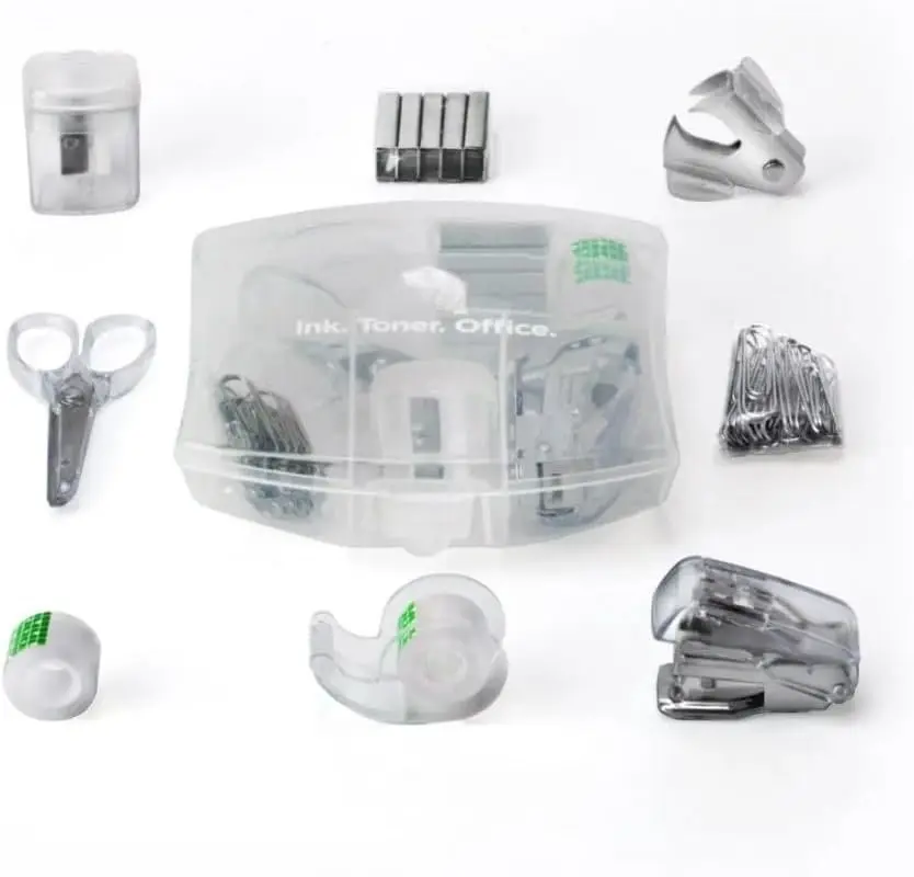 Products Clear Mini Office  Kit Portable Case with , Paper Clips, Tape Dispenser, Pencil Sharpener, Stapler & Staple Remover