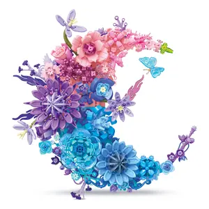 Moon Flower Building Set, Floral Botanical Collection Set Included Rose, Peony, Camellia and More, Crescent-Shaped Artificial Flower Wall Decor for Home, Office, Easter & Mother's Day Gifts for Girls, Women