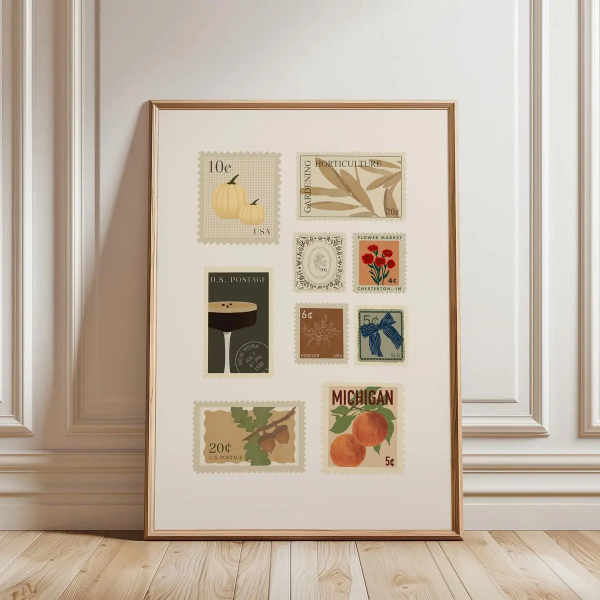 Vintage Stamp Collection Poster – Travel Postage Stamp Art Print, Fall Home Decor, Trendy Room Aesthetic, Unframed