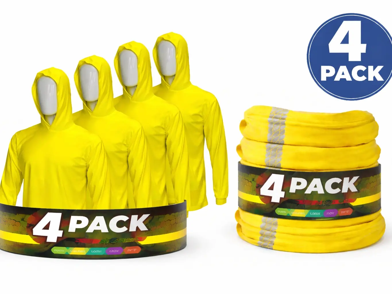 4 SHIRT PACK AND 4 FULL NECK GAITERS OF Hi Visibility ultra light weigh Long sleeve hoodie shirt / polyester birdeye Fabric for quick dry AVAIALBE IN VARIOUS COLORS