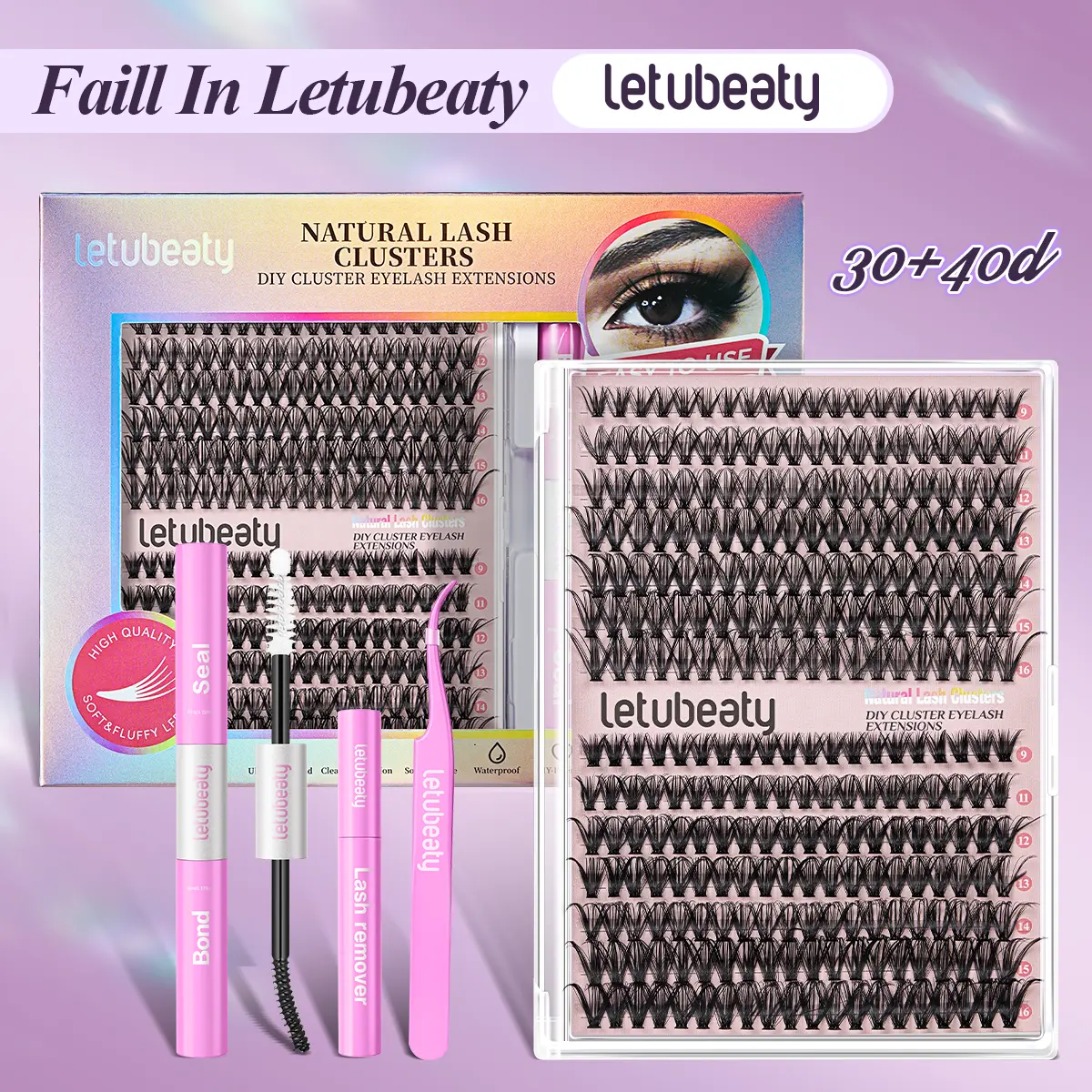 LETUBEATY DIY Eyelash Extensions Kit - 30+40D B Curl Fluffy Cluster Lashes, Black Glue, Remover, Tweezer - Soft Long-Lasting Cosmetic Beauty Products for Beginner At-Home Makeup Use
