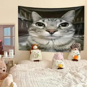 Funny Cat Meme Tapestry Kawaii Animal Home Decor Wall Hanging Covering Cloth Bedroom Dorm Background Festival Gift 60X40 Decoration Colorful