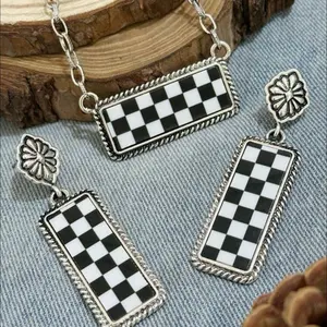 Checkered Bar Pendant Necklace and Earriengs Set. Western Jewelry.