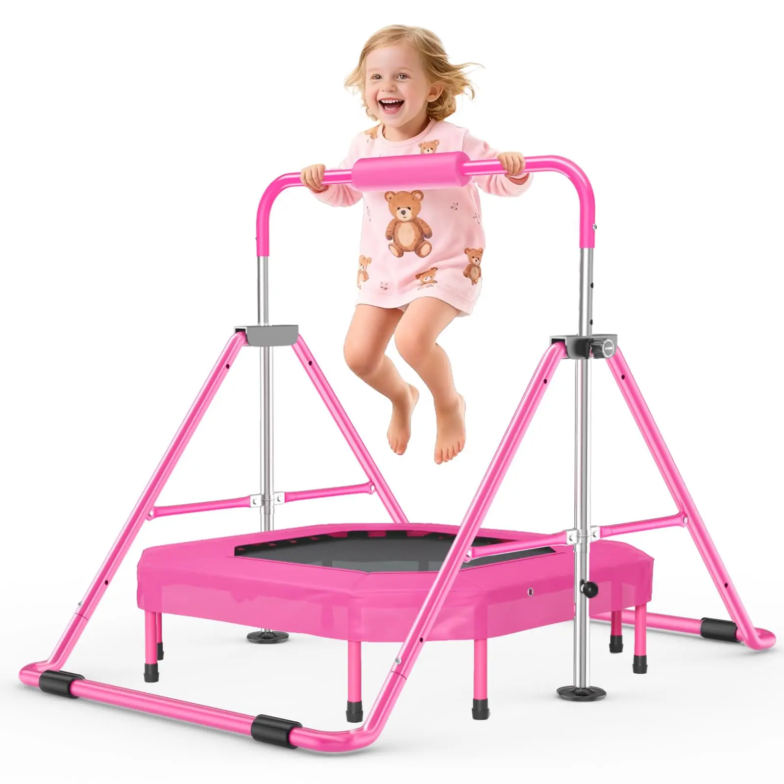 Safly Fun Foldable Kids' Gymnastics Bar with Trampoline, Reinforced Steel, 35"-51" Adjustable Height, 145 lbs Capacity, Sturdy Space-Saving, Easy-to-Assemble Indoor/Outdoor Training Equipment for Birthday Bouncing, Triangular Base, Steel Frame, Compact Fo