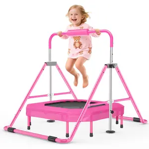 Safly Fun Foldable Gymnastics Bar with Trampoline for Kids, Adjustable 35"-51", Sturdy 145 lbs Capacity, Easy-to-Assemble, Gymnastics Equipment for Kids for Indoor/Outdoor Training