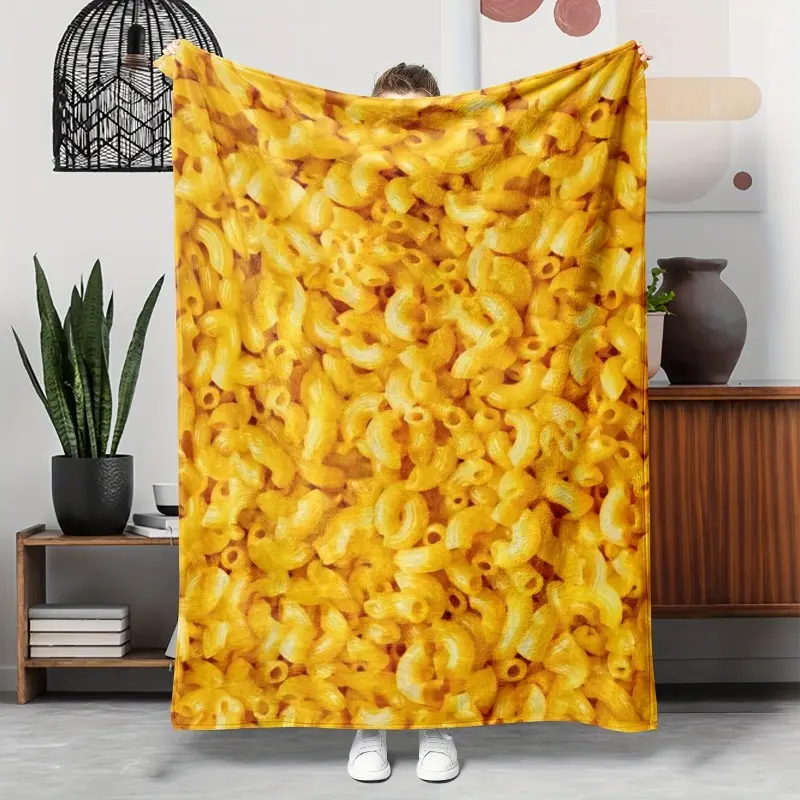 [Cartoon Flannel Blanket] Cozy Cartoon Macaroni & Cheese Flannel Throw Blanket - Soft, Warm, and Allergy-Friendly for Couch, Bed, Sofa, Chair - Versatile Yellow Printed Fleece, Funny, Nap Blanket