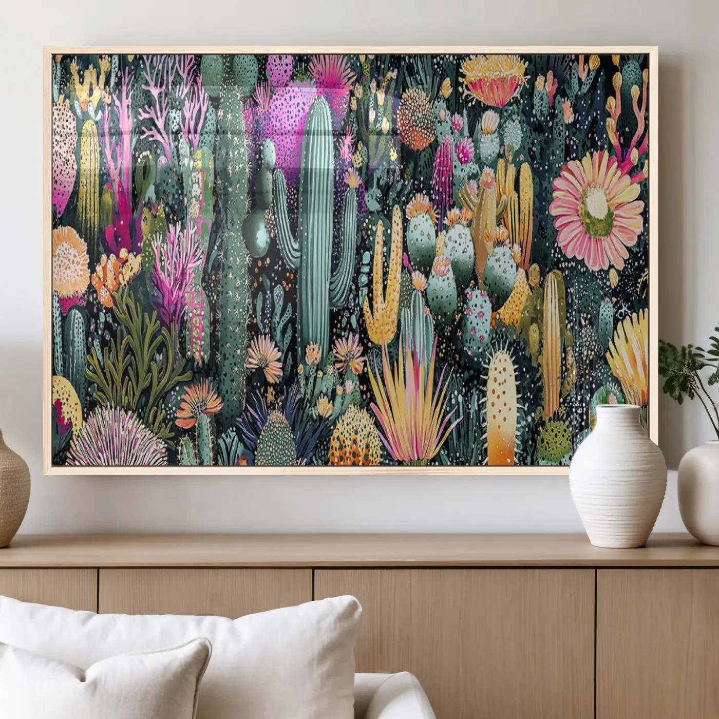 Nature-Inspired Colorful Desert Bloom Wall Art Canvas Print - Vibrant Cacti, Succulent Plants, Artistic Home Decor