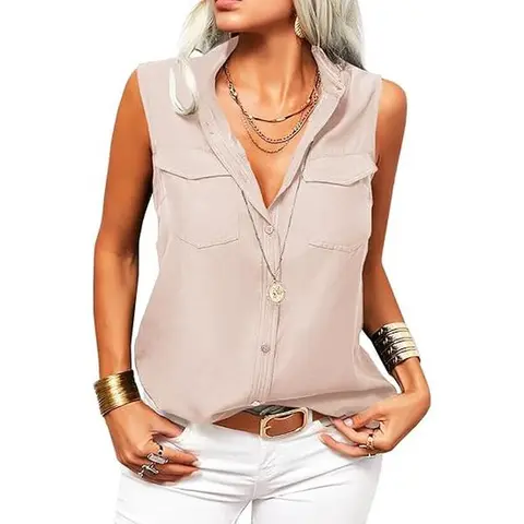 Imily Bela Women's Solid Lapel Sleeveless Tank Tops Button Down Shirts Office Ladies Shirts